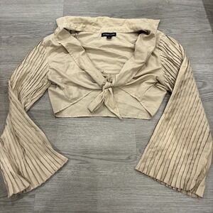 Audrey Lane Beige Tie Up Collared Crop Top With Long Pleated Flare sleeves Sz L